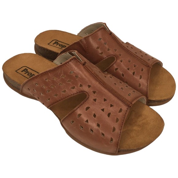 Propet Fionna Leather Cork Laser Cut Slides Sandal Womens Brown 7 - Picture 1 of 14